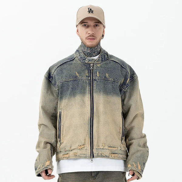 THE ZIPPED DISTRESSED DENIM STREETWEAR JACKET